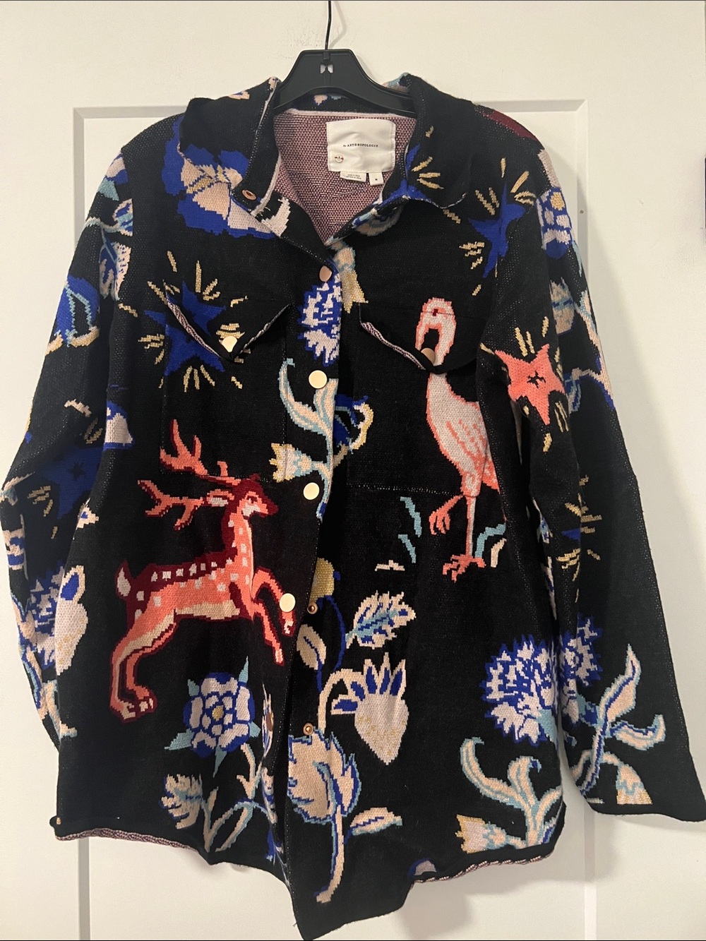 Anthropologie Black Knit Shacket with Multicolor Wildlife Motif